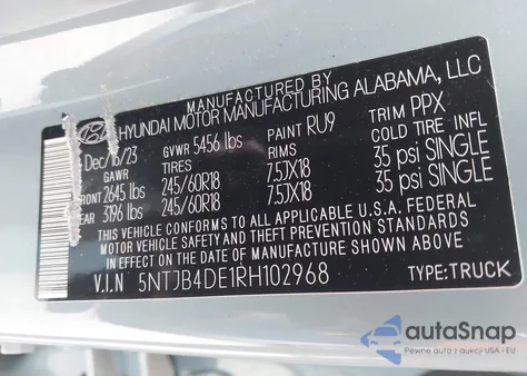 2024 Hyundai Santa Cruz Sel from USA, damaged, VIN 5NTJB4DE1RH102968